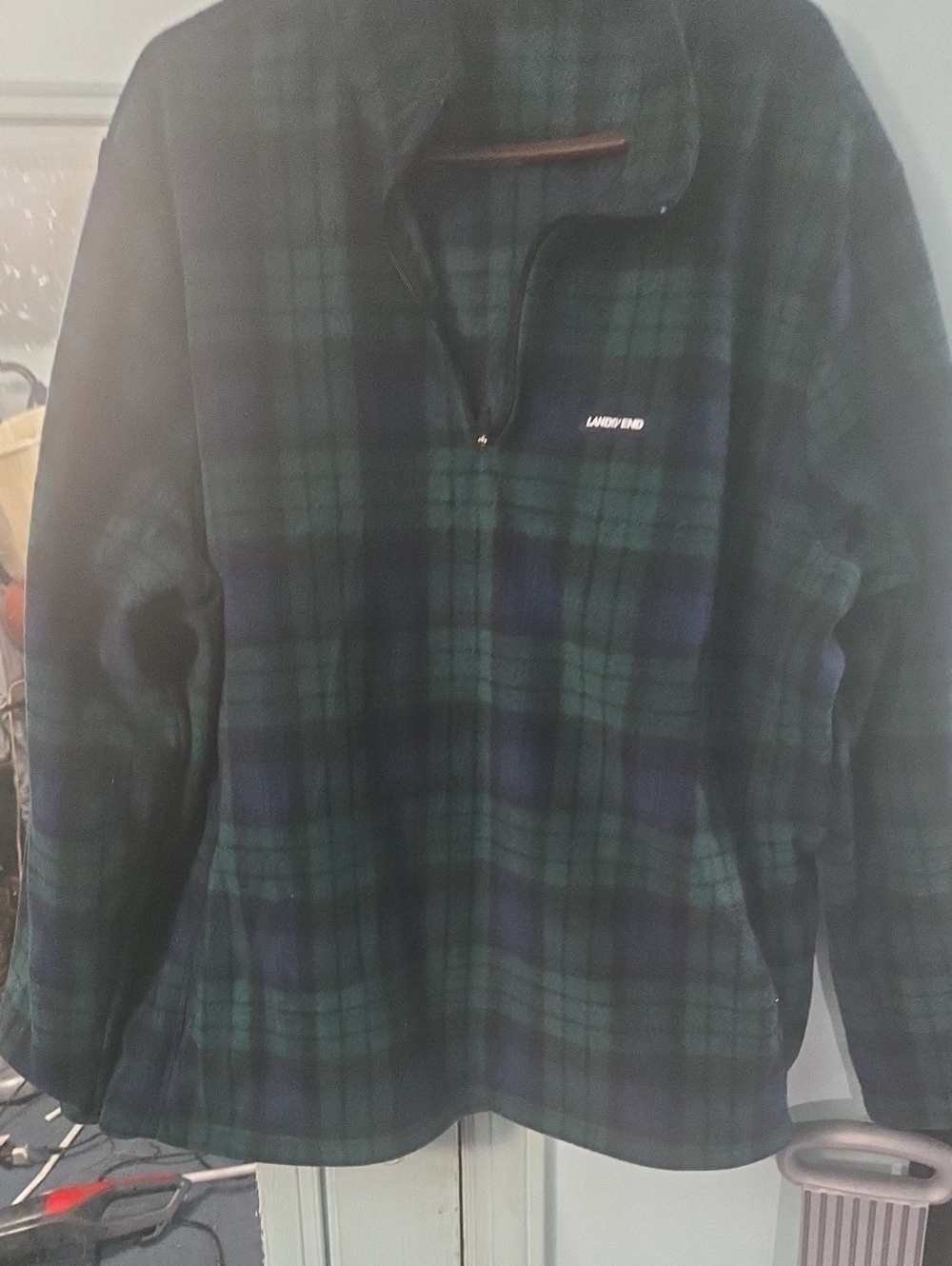 Lands' End Men's Green & Navy Plaid Half-Zip Fleece Pullover